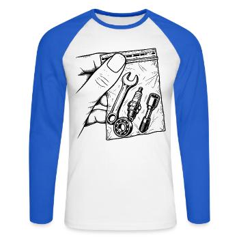 Mechanische Sucht – Pouch Tools Candle Key - Unisex Baseballshirt langarm - Weiß/Royalblau - Vorne - Nik (191cm)