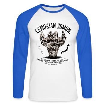 Lemurian Jomon Japan - Circular Society Pottery - Unisex Baseballshirt langarm - Weiß/Royalblau - Vorne - Nik (191cm)
