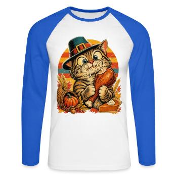 Thanksgiving-Katze mit erwischtem Truthahn - Unisex Baseballshirt langarm - Weiß/Royalblau - Vorne - Nik (191cm)