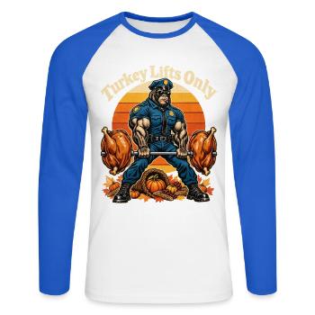 Thanksgiving Gorilla Turkey Lifts Only - Unisex Baseballshirt langarm - Weiß/Royalblau - Vorne - Nik (191cm)