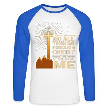 Ich kann alles durch Christus tun - Unisex Baseballshirt langarm - Weiß/Royalblau - Vorne - Nik (191cm)