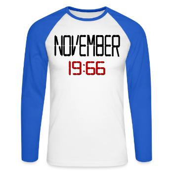 60. Geburtstag November 1966 - Unisex Baseballshirt langarm - Weiß/Royalblau - Vorne - Nik (191cm)