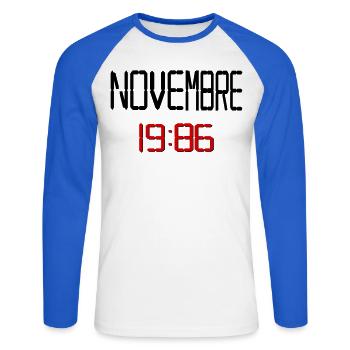 Geburtstag, November 1986 Französisch - Unisex Baseballshirt langarm - Weiß/Royalblau - Vorne - Nik (191cm)