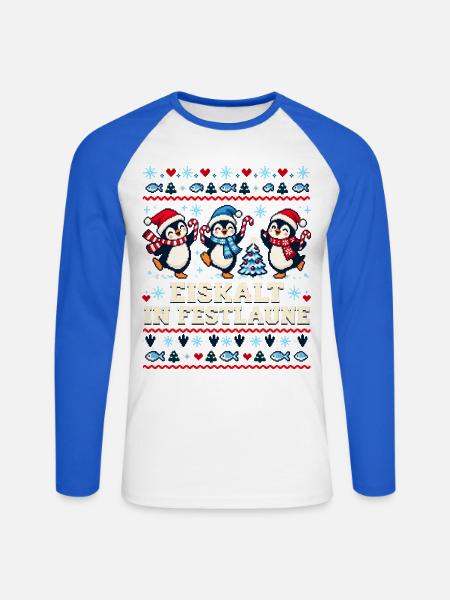 Pinguine - Eiskalt in Festlaune - Unisex Baseballshirt langarm - Weiß/Royalblau