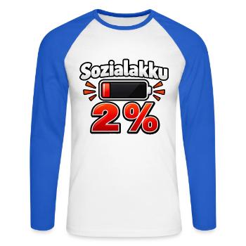 Sozialakku 2 % – Batterie fast leer - Unisex Baseballshirt langarm - Weiß/Royalblau - Vorne - Nik (191cm)