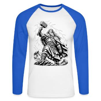 Thor – Donnergott im mystischen Sturm - Unisex Baseballshirt langarm - Weiß/Royalblau - Vorne - Nik (191cm)