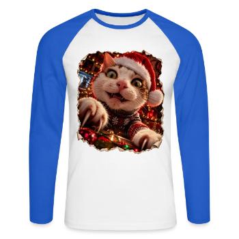 Verrückte Weihnachtskatze – Bescherung mit Krallen - Unisex Baseballshirt langarm - Weiß/Royalblau - Vorne - Nik (191cm)