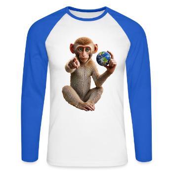 Affe-mit-Erdkugel - Unisex Baseballshirt langarm - Weiß/Royalblau - Vorne - Nik (191cm)