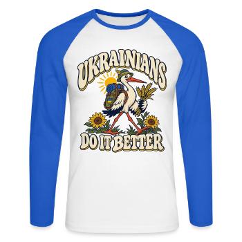 Ukrainischer Storch mit Heimatmotiv - Unisex Baseballshirt langarm - Weiß/Royalblau - Vorne - Nik (191cm)