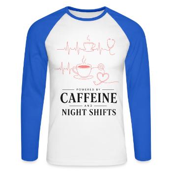 Kaffeeherz Nachtdienst Design - Unisex Baseballshirt langarm - Weiß/Royalblau - Vorne - Nik (191cm)