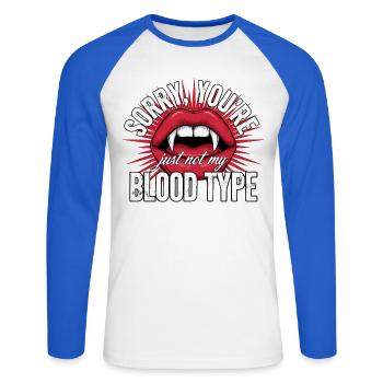 Sorry You're Not My Blood Type - Unisex Baseballshirt langarm - Weiß/Royalblau - Vorne - Nik (191cm)