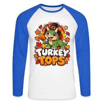 Herbst Dino Turkey Tops - Unisex Baseballshirt langarm - Weiß/Royalblau - Vorne - Nik (191cm)