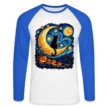 Mondkatze im Sternennacht-Labyrinth - Unisex Baseballshirt langarm - Weiß/Royalblau - Vorne - Nik (191cm)