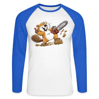 Neun Gänse, neun Stimmungen: lustig, wild, verrück - Unisex Baseballshirt langarm - Weiß/Royalblau - Vorne - Nik (191cm)