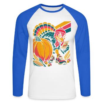 Thanksgiving Truthahn-Läufer jagt die Torte - Unisex Baseballshirt langarm - Weiß/Royalblau - Vorne - Nik (191cm)