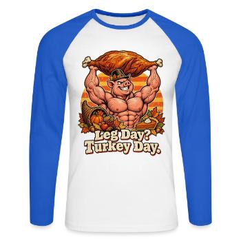 Thanksgiving Bodybuilder-Schwein Truthahn Spruch - Unisex Baseballshirt langarm - Weiß/Royalblau - Vorne - Nik (191cm)