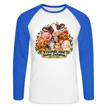 Freunde sind keine Zutaten  - Unisex Baseballshirt langarm - Weiß/Royalblau - Vorne - Nik (191cm)