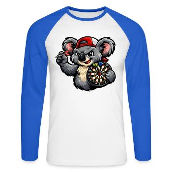 Koala beim Dart – Lustiges Motiv für Dartspieler - Unisex Baseballshirt langarm - Weiß/Royalblau - Vorne - Nik (191cm)