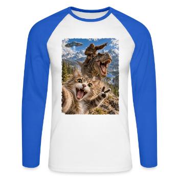 Lustiges Katze Selfie mit Bigfoot, T-Rex, UFO - Unisex Baseballshirt langarm - Weiß/Royalblau - Vorne - Nik (191cm)
