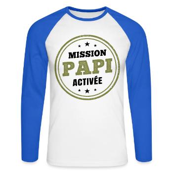 Opa Mission aktiviert | Humoristi Schwangerschaftsdurchsage - Unisex Baseballshirt langarm - Weiß/Royalblau - Vorne - Nik (191cm)