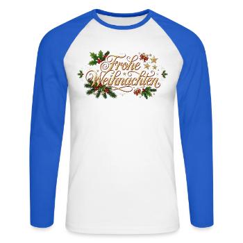 Frohe Weihnachten - Goldener Schriftzug - Unisex Baseballshirt langarm - Weiß/Royalblau - Vorne - Nik (191cm)