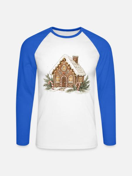 Klassisches Aquarell-Lebkuchenhaus - Unisex Baseballshirt langarm - Weiß/Royalblau