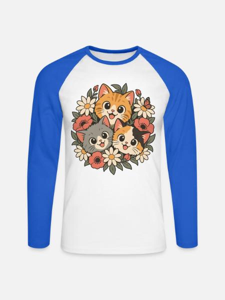 Drei Kätzchen in Blumen - Unisex Baseballshirt langarm - Weiß/Royalblau
