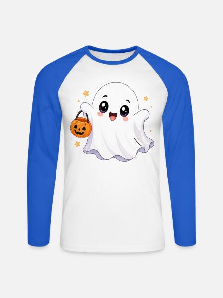 Süßer Kawaii Geist mit Kürbis - Unisex Baseballshirt langarm - Weiß/Royalblau