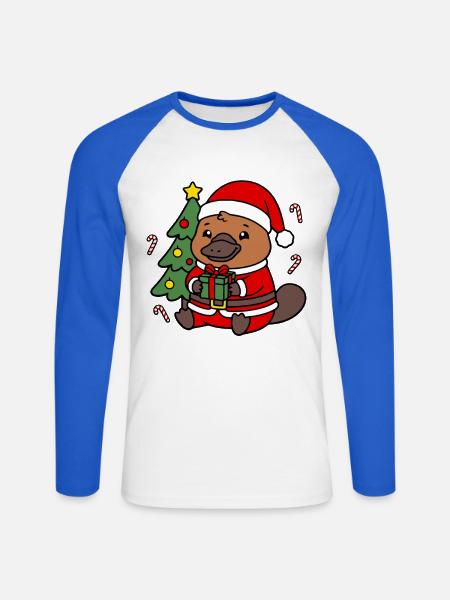 Süßes Kawaii-Schnabeltier-Weihnachtsbaumgeschenk - Unisex Baseballshirt langarm - Weiß/Royalblau