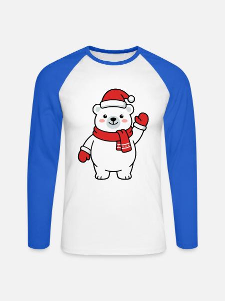 Niedlicher Kawaii-Eisbär winkt mit Weihnachtsmütze - Unisex Baseballshirt langarm - Weiß/Royalblau