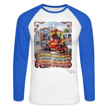 Heuschrecke JOGUE Rettungssanitäter in 4 Sprachen - Unisex Baseballshirt langarm - Weiß/Royalblau - Vorne - Nik (191cm)