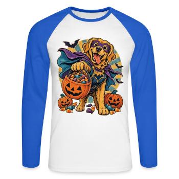 Halloween-Hund mit Süßigkeiten-Eimer - Unisex Baseballshirt langarm - Weiß/Royalblau - Vorne - Nik (191cm)