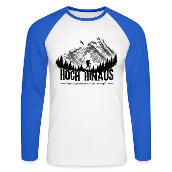 Berg | Wandern | Trekking | Hiking | Hoch hinaus - Unisex Baseballshirt langarm - Weiß/Royalblau - Vorne - Nik (191cm)