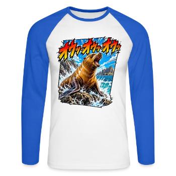 Seelöwe Ou Ou Ou - Unisex Baseballshirt langarm - Weiß/Royalblau - Vorne - Nik (191cm)
