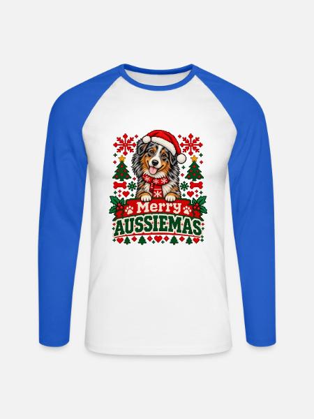 Australian Shepherd - Weihnachten - Unisex Baseballshirt langarm - Weiß/Royalblau