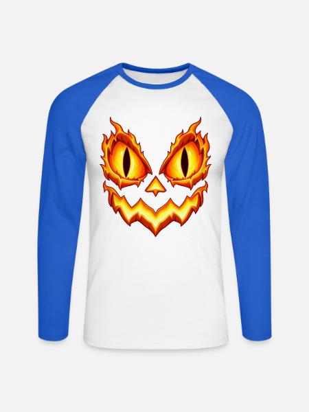 Kürbisflammen Gesichts-Emblem - Unisex Baseballshirt langarm - Weiß/Royalblau