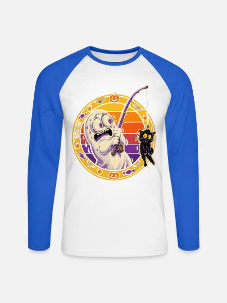 Halloween-Geist angelt fauchende Minikatze - Unisex Baseballshirt langarm - Weiß/Royalblau