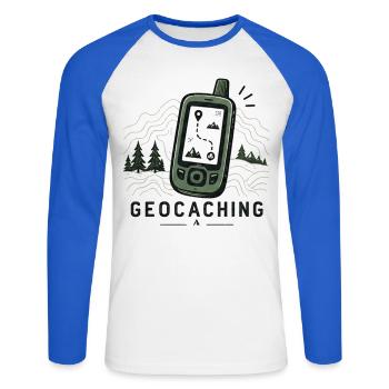 Geocaching GPS-Abenteuer - Unisex Baseballshirt langarm - Weiß/Royalblau - Vorne - Nik (191cm)