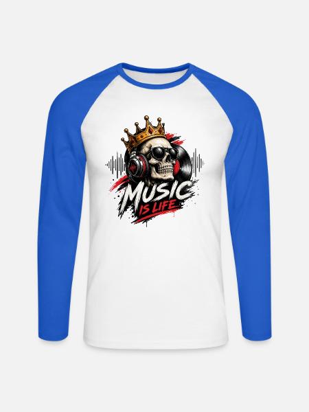 Totenkopfkronen-Musik ist Leben - Unisex Baseballshirt langarm - Weiß/Royalblau