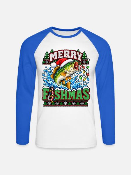 Fischmas Weihnacht: Springender Fisch - Unisex Baseballshirt langarm - Weiß/Royalblau