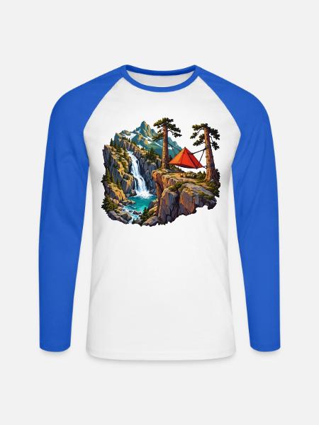 Felskessel-Camp mit Hängezelt und Wasserfall - Unisex Baseballshirt langarm - Weiß/Royalblau