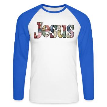 Patchwork Jesus Schriftzug - Unisex Baseballshirt langarm - Weiß/Royalblau - Vorne - Nik (191cm)