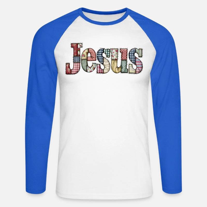 Patchwork Jesus Schriftzug - Unisex Baseballshirt langarm - Weiß/Royalblau