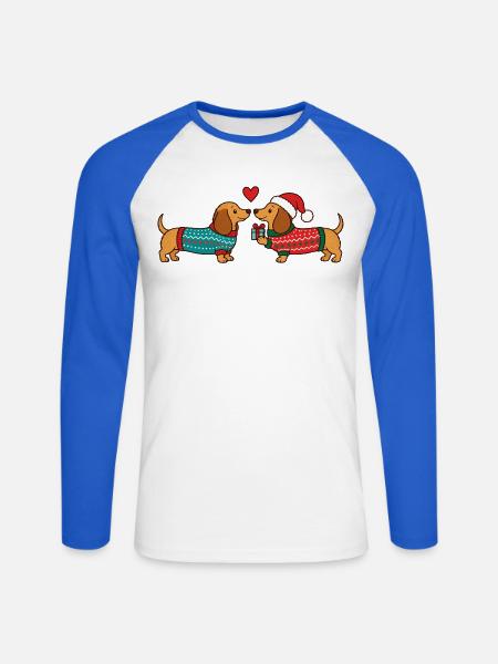 Dackel verliebt in Weihnachtspullovern - Unisex Baseballshirt langarm - Weiß/Royalblau