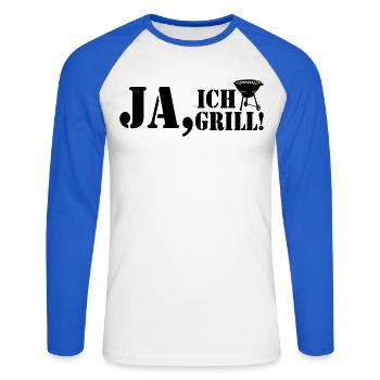 Grillkönig, Grillen, BBQ, Ja ich Grill (25) - Unisex Baseballshirt langarm - Weiß/Royalblau - Vorne - Nik (191cm)