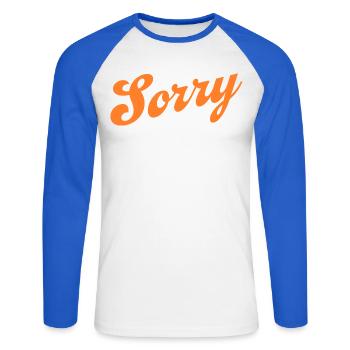 Désolé – Déclaration minimaliste - T-shirt baseball manches longues Homme - blanc/bleu royal - Devant - Nik (191cm)