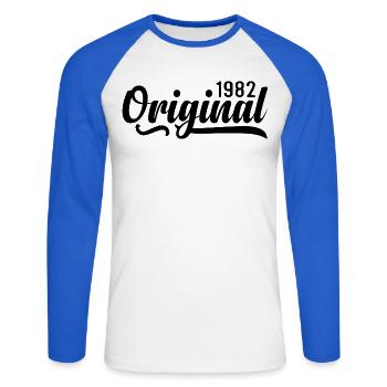 1982 birthday 43 years old, retro 1982 - Unisex Long Sleeve Baseball T-Shirt - white/royal blue - Front - Nik (191cm)