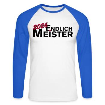 Endlich Meister 2026 Meisterschaft - Unisex Baseballshirt langarm - Weiß/Royalblau - Vorne - Nik (191cm)