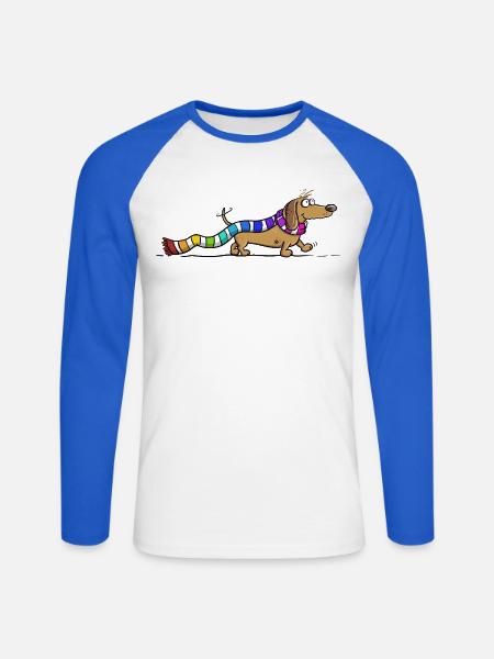 Dackel mit Regenbogen Schal Cartoon Dachshund Hund - Unisex Baseballshirt langarm - Weiß/Royalblau