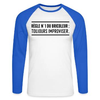 Règle n°1 du bricoleur : toujours improviser - T-shirt baseball manches longues Homme - blanc/bleu royal - Devant - Nik (191cm)